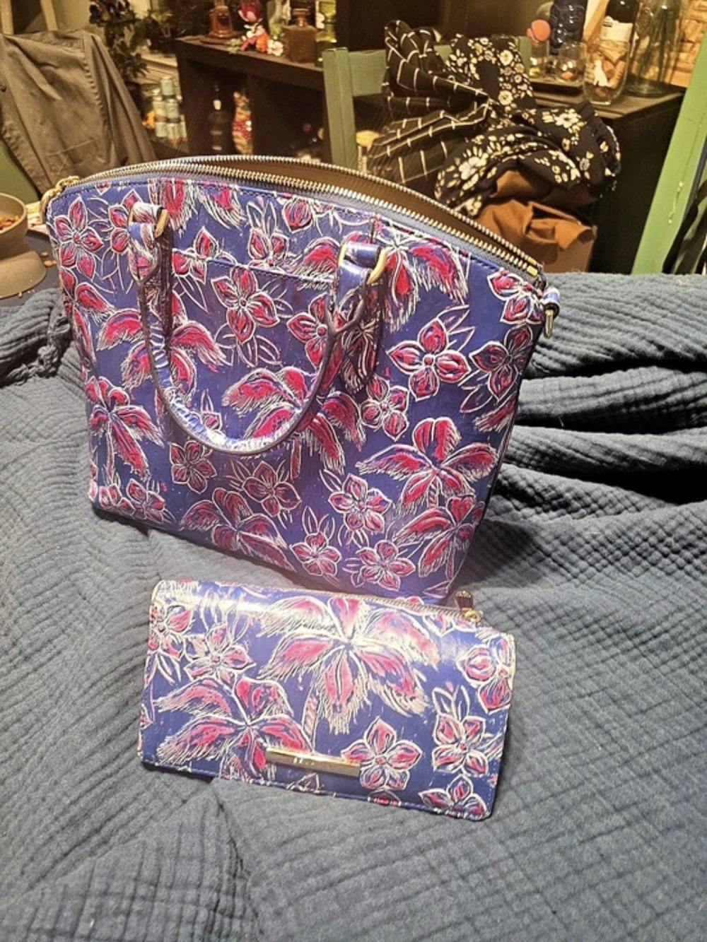 Brahmin Blue & Red Floral Print Tote with Matching Wallet